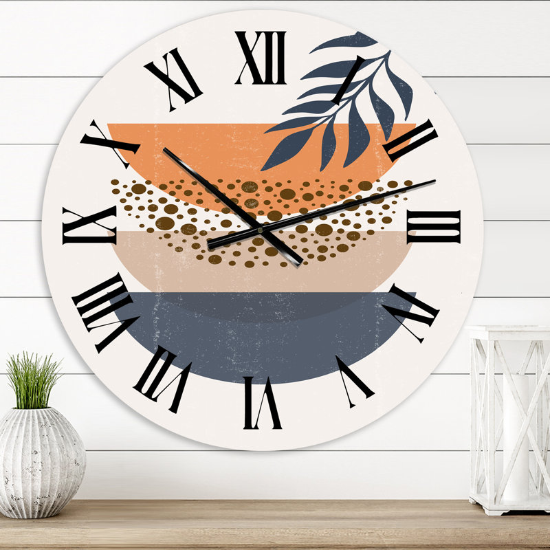 Abstrait géométrique abstrait soleil et lune avec feuille III - horloge murale moderne, Moyenne, Bleu