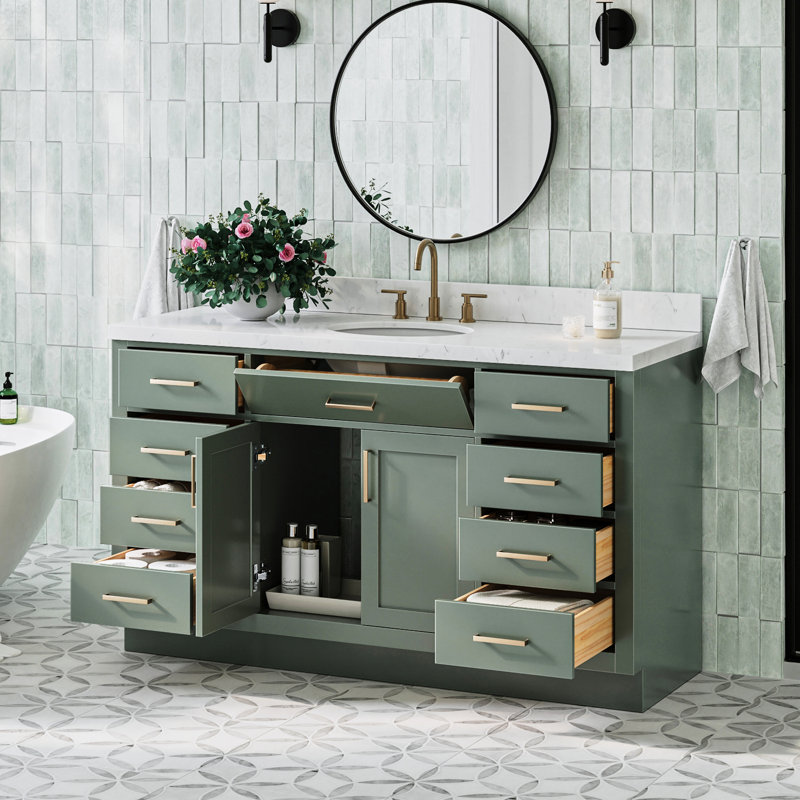 Ensemble de meuble-lavabo simple en bois massif avec plateau en quartz Carrara de 1,5 po Thornaby, Ovale, Vert rétro