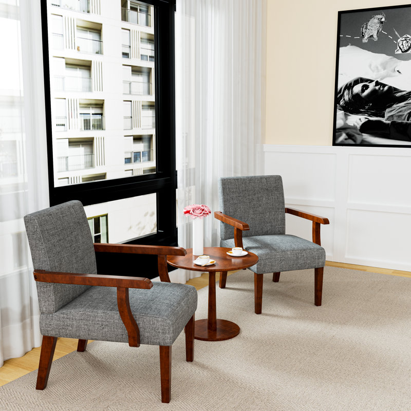 Set of 2 Fabric Upholstered Accent Armchairs with Round Wooden Dining Table, Dark Grey Fabric