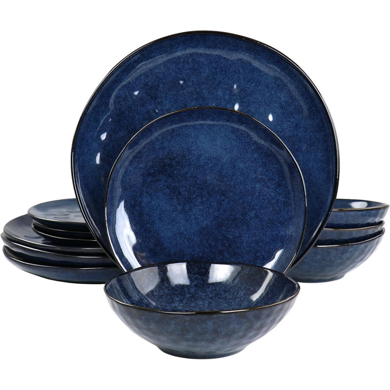 Service de vaisselle en grès 12 pièces, service pour 4, assiettes et bols texturés, va au micro-ondes et au lave-vaisselle, bleu