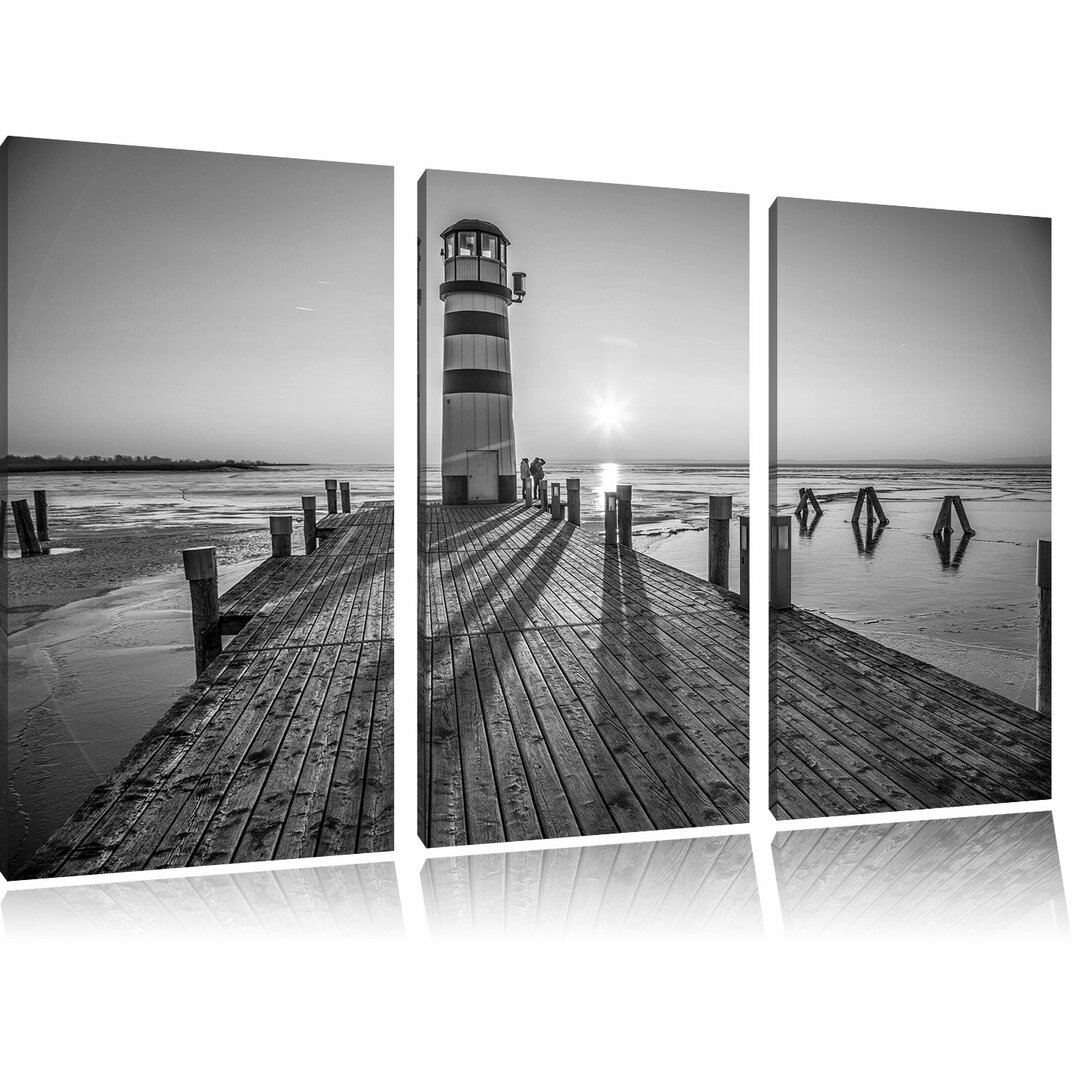 3-tlg. Leinwandbilder-Set „Leuchtturm am Steg im Sonnenuntergang“, Fotodruck