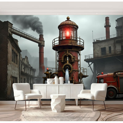 Papier peint adhésif pelez et collez, camion de pompier rétro, bouche d'incendie mécanique, H 69 po x l 96 po, papier peint amovible en PVC, adhésif mural pour chambre à coucher, bureau à domicile