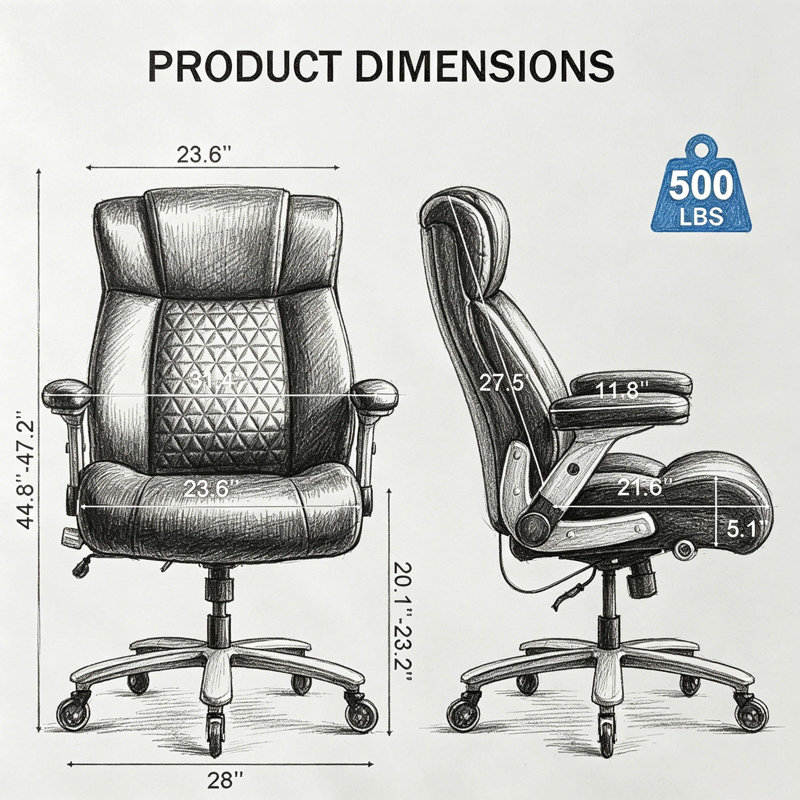 Big and Tall Executive Office Chair, Ergonomic High Back Desk Chair with Adjustable Back Angle, Lumbar Support, Flip-up Armrests, High-Density Foam Seat, and Quiet Rolling Wheels