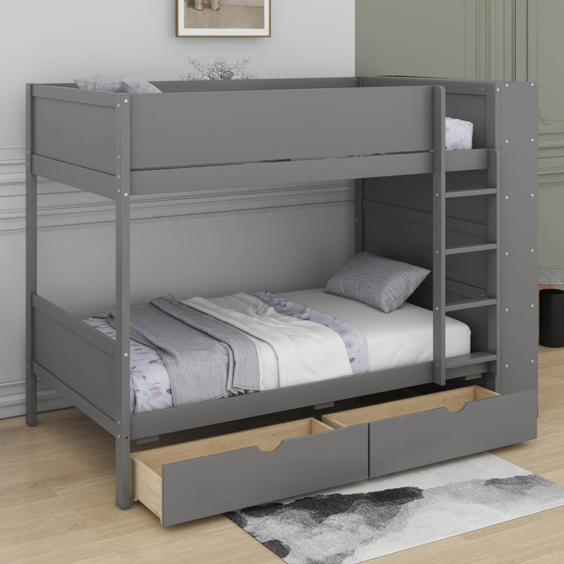 Lit superposé simple au-dessus de simple avec 2 tiroirs et une armoire, Lit superposé simple sur simple, Gris