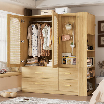 3 Doors Farmhouse Armoire Wardrobe Closet With Rattan,71