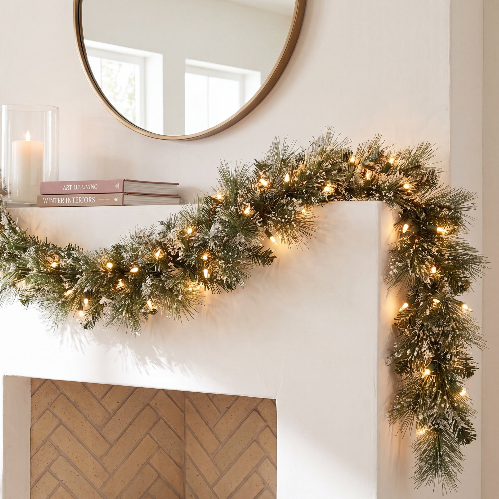 108" Frosted Pre-Lit Bristle Pine Christmas Garland
