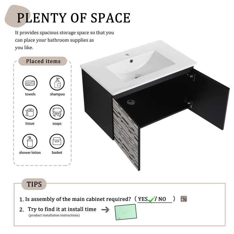 Naheeda 30 " W Wall Mounted Wall Mounted 1 Single Vanity Bathroom Vanity With Ceramic Top