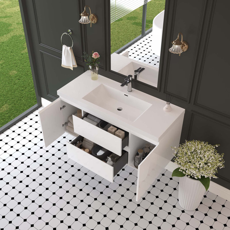 Meuble-lavabo flottant avec lavabo double, Blanc, 48"