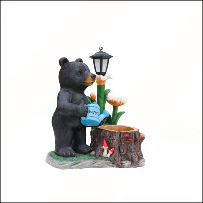 Standing Black Bear Garden Planter with Decorative Solar Lantern - Whimsical Wildlife Flower Pot for Porch & Patio