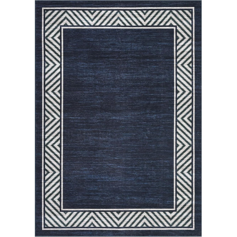 8x10 Modern Geometric Bordered Area Rug – Washable, Foldable, Stain-Resistant, Easy to Clean, Non-Slip for Living Room & Bedroom (Navy Blue)