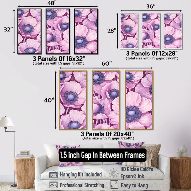 "Euphoria" rose et mauve coquelicots - ensemble de reproductions d'art mural fleurs, Cadre flottant noir