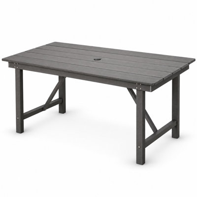 Outdoor Dining Table with Umbrella Hole, HDPE Rectangular Patio Table, Weather Resistant & Easy to Clean, Gray Finish with Trestle Legs for Patio Garden Backyard