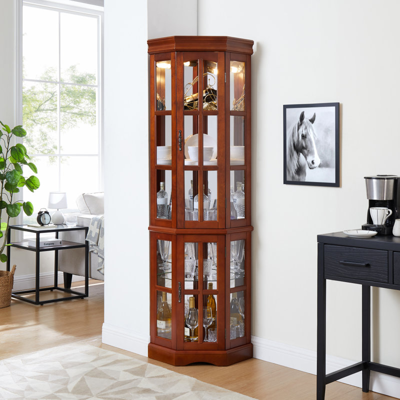 Vitrine de coin avec 5 tablettes et système de rangement (ampoule E26 non incluse), Noyer