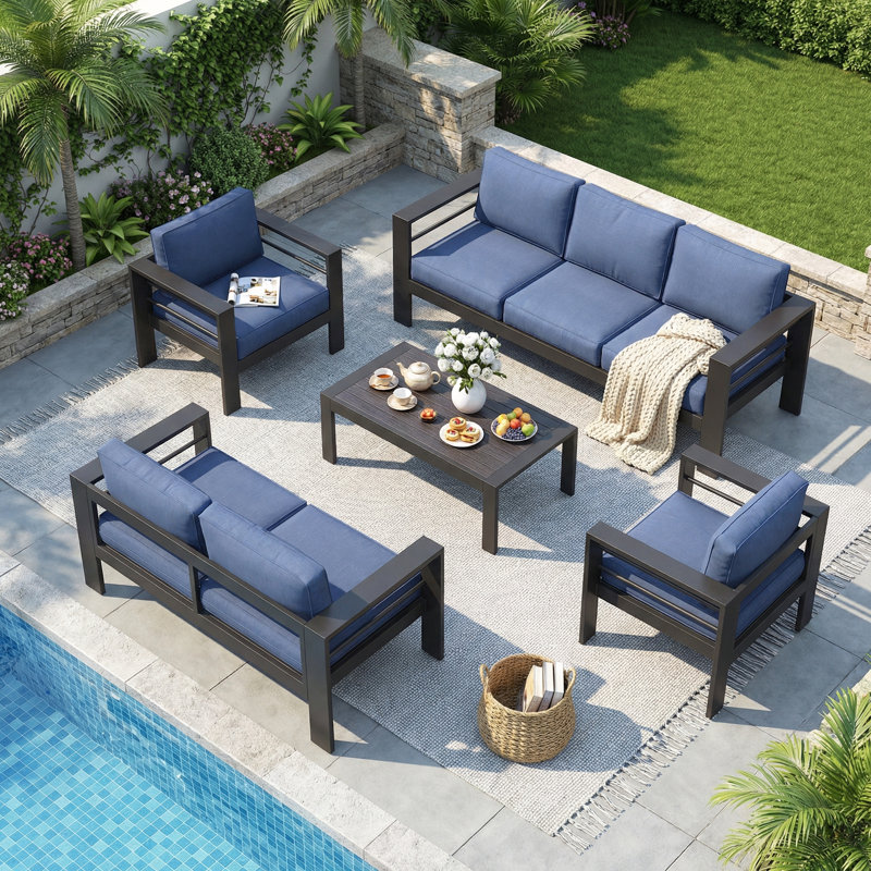 7 - Person Patio Conversation Sets With Cushions, Blue Cushion/Black Frame