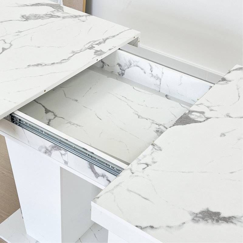 Extendable Dining Room Table For 6-10 Modern White Faux Marble Wooden Expandable Kitchen Table W/Dual Column Pedestal Base, Large Rectangle Dining Table