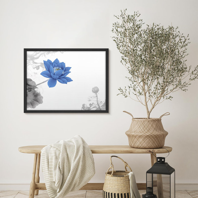 Elegant Blue Lotus Flower with Abstract Smoke Design Illustrations Rustic Framed Poster, 11" H x 14" W, Black