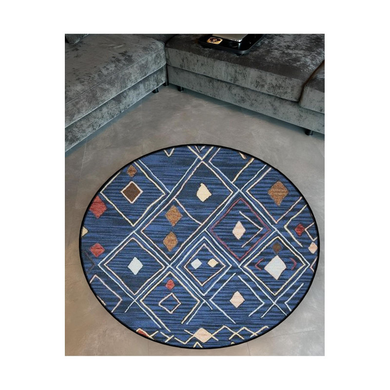 Tapis décoratif moderne scandinave à motif tissé bleu marine, Sous-tapis rond 3 pi 11 po inclus