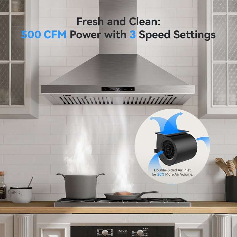 Hotte de cuisine murale en acier inoxydable avec éclairage DEL, DEL Smart Delay et commande tactile VIKIO 36 "500CFM