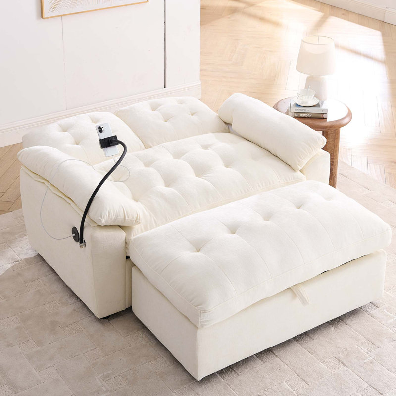 Double canapé inclinable avec charge USB et repose-pieds avec rangement, Beige