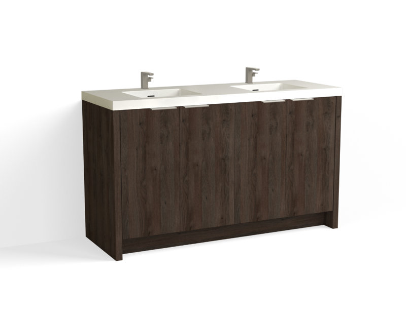 Mesa 60" W Freestanding Double Bathroom Vanity , White Gloss, Charred/Satin Brass, Single-Hole