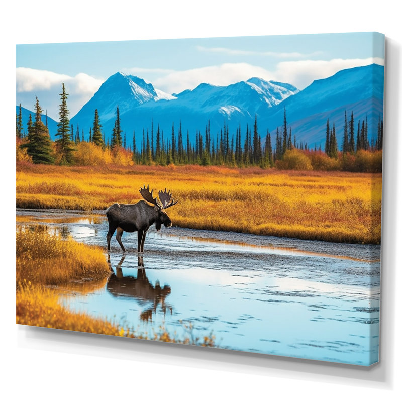 Orignal dans un paysage de l'Alaska II, H 24 po x l 32 po x P 1 po, Toile tendue