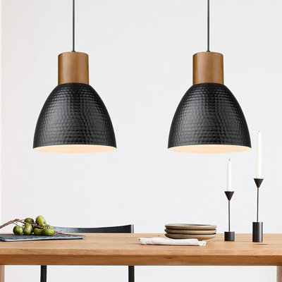 2 Pack Hammered Pendant Lights, 10.2” Industrial Metal Solid Wood Hanging Lamp, Modern Island Pendant Light Fixtures For Kitchen Bar, Farmhouse Dining Room, Bedroom, Living Room, Office, Black