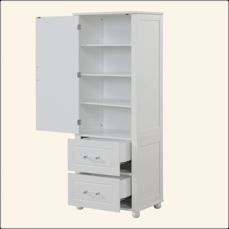 Tall Freestanding Bathroom Storage Cabinet, MDF Painted Finish Organizer with 2 Drawers and Adjustable Shelf