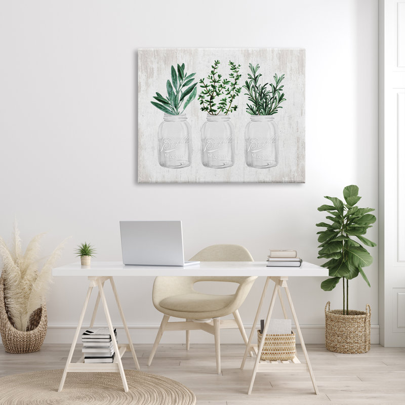 «August Grove® Kitchen Herbs In Jars», art encadré sur toile flottante par lettré et doublé, H 36 po x l 48 po x P 1,5 po