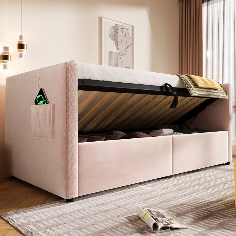 Pink Velvet Twin Bed Frame, Daybed With Hydraulic Storage, & Type - C Charging, Back, And Storage Pockets On Edges Upholstered In Velvet, Frame Back Wooden Slats, Ensuring Comfort Convenience