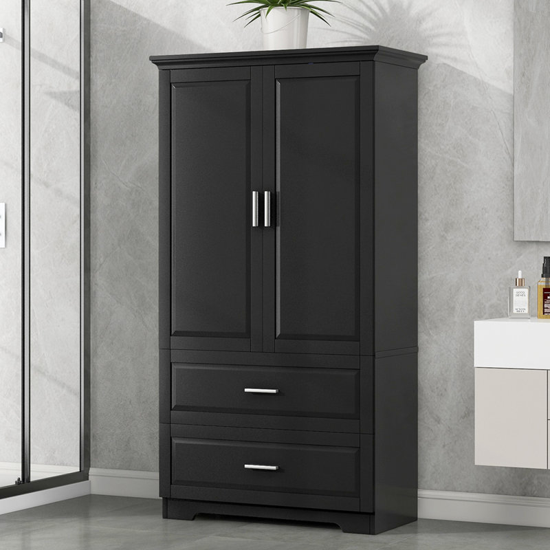 Tall Bathroom Storage Cabinet With Two Doors, Drawers, And Adjustable Shelf For Efficient Organization In Black MDF