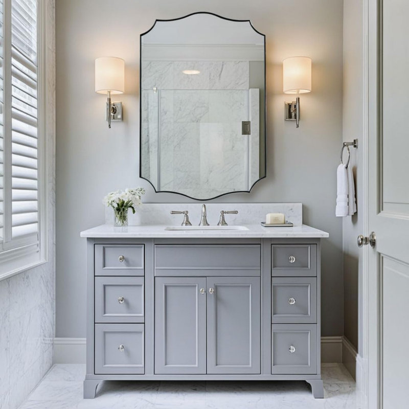 Anayalee Traditional Scalloped Rectangle Bathroom Vanity Mirror | Stainless Steel Frame, 36" x 24", Polished Chrome