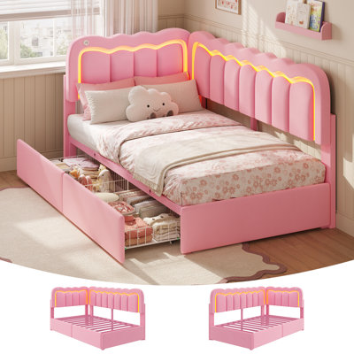 Twin Daybed with Velvet Guardrail & Headboard, Metal Corner Bed Frames with 2 Storage Drawers and USB Ports, Twin Size Bed Frames for Girls, Height-Adjustable Headboard, Pink