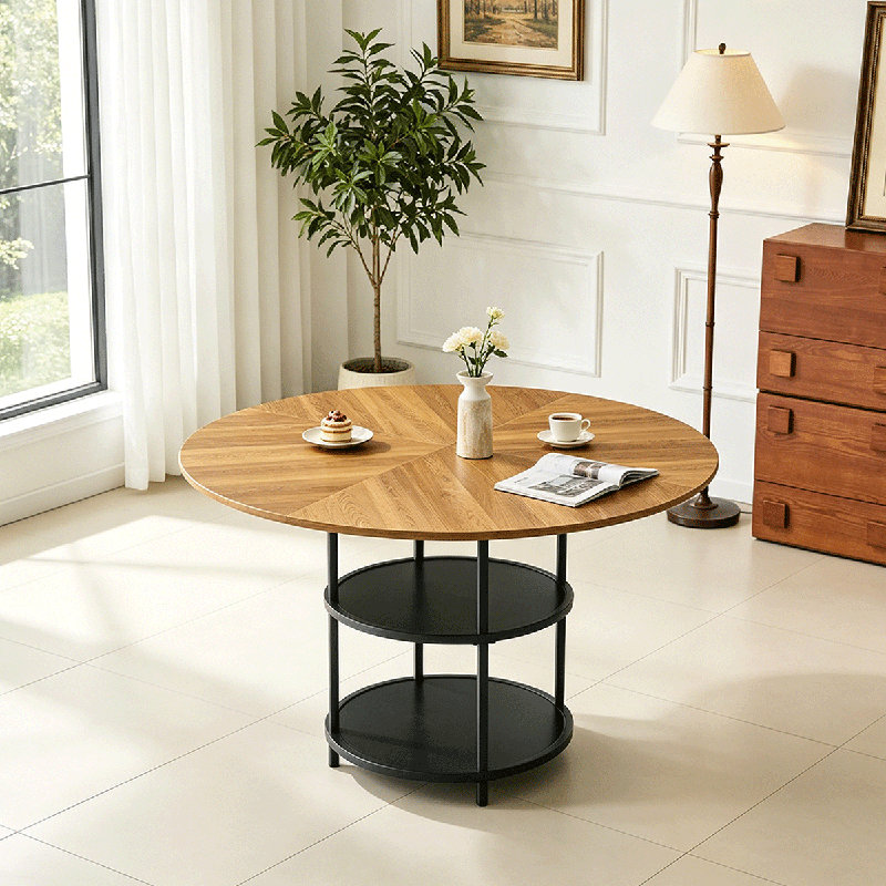 Table de salle à manger ronde Bonelli, table de salle à manger de ferme de 47,3 po avec tablette de rangement, plateau de table en bois avec structure en métal, table de cuisine et de salle à manger noire / bois fendue et peu encombrante.