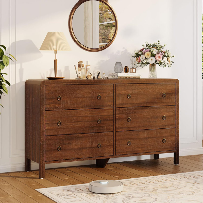 Commode moderne à 6 tiroirs pour chambre à coucher, meuble télé avec grands tiroirs, texture naturelle, angle incurvé pour la chambre