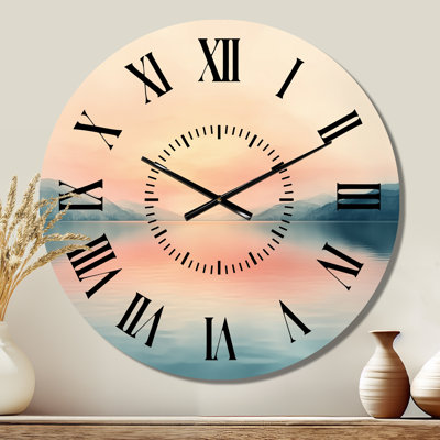 Lac au coucher de soleil rosé - Horloge murale ronde en métal rustique et silencieuse