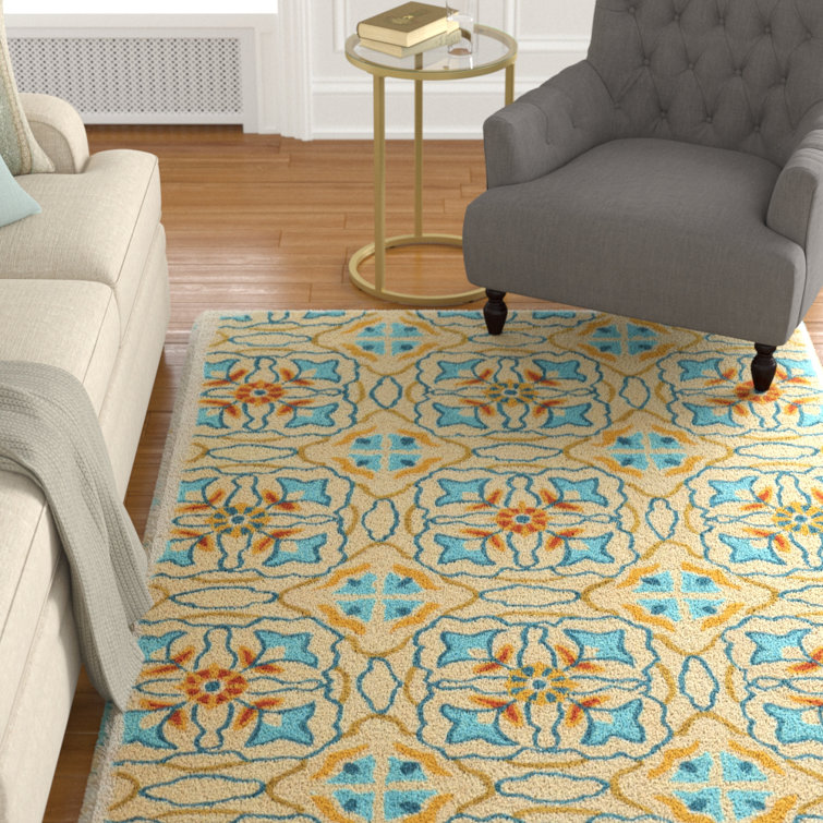 Tapis fabriqué à la main Equelle ivoire et bleu