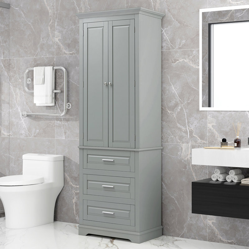 Tall Storage Cabinet with 3 Drawers - Adjustable Shelves, Water-Resistant MDF, Anti-Tipping Kit for Bathroom, Office & Kitchen Organization