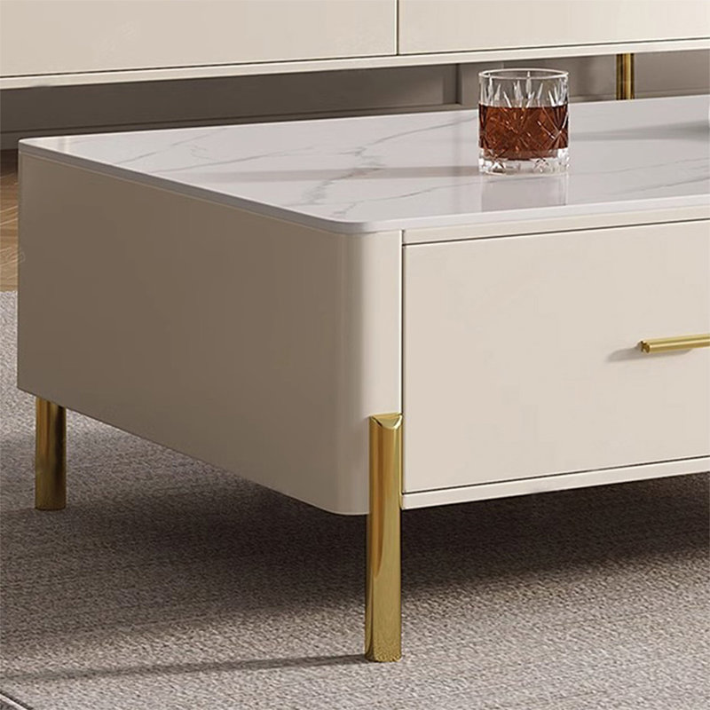 Table basse blanc massif + bois manufacturé + pierre frittée rectangulaire