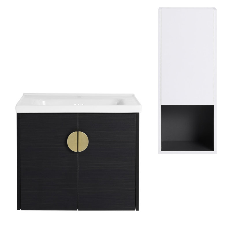 Meuble-lavabo mural 24 po avec lavabo en céramique, armoire latérale et portes à fermeture en douceur pour salles de bain modernes