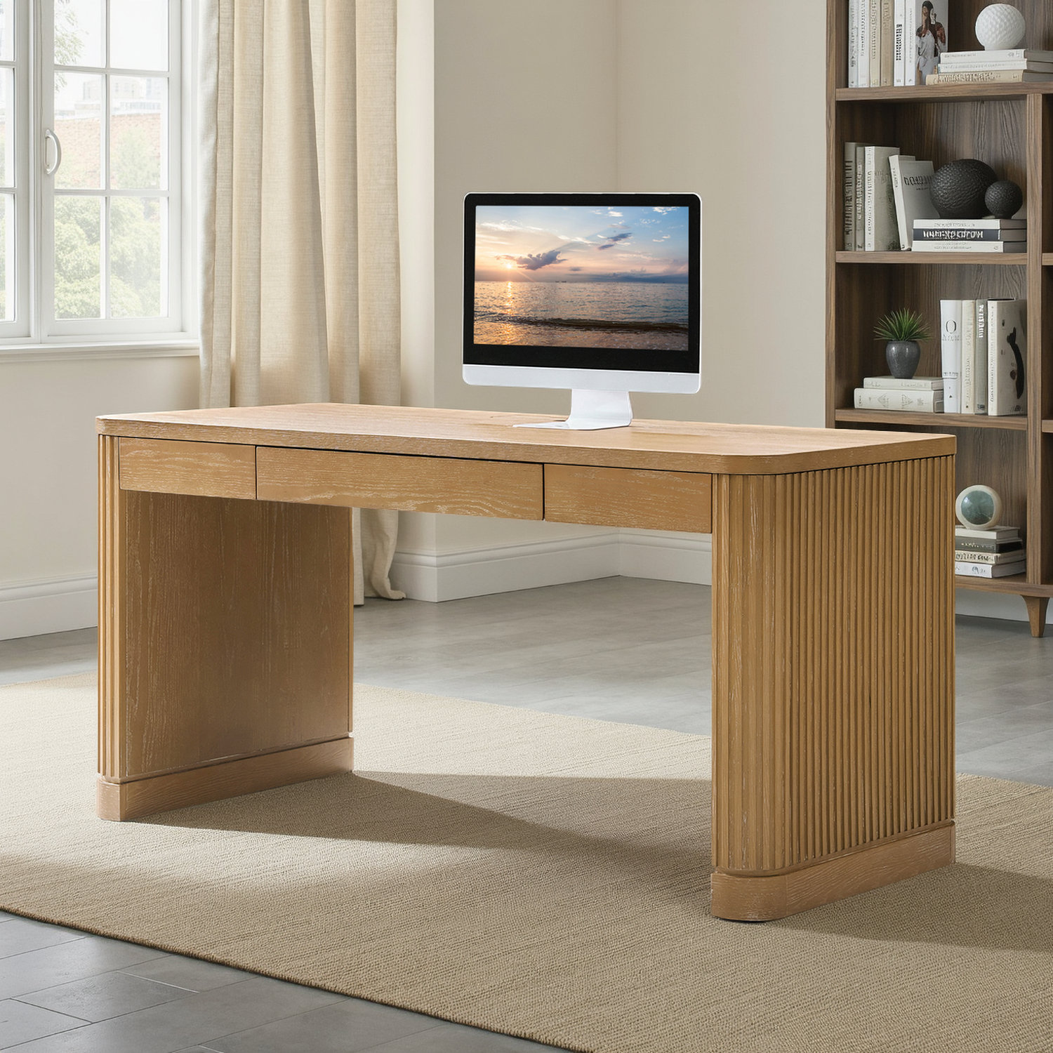 Latitude Run® Kaybri Aranza 60”Solid Wood Base Fluted Desk with Cable Management and Power Outlets & Reviews | Wayfair