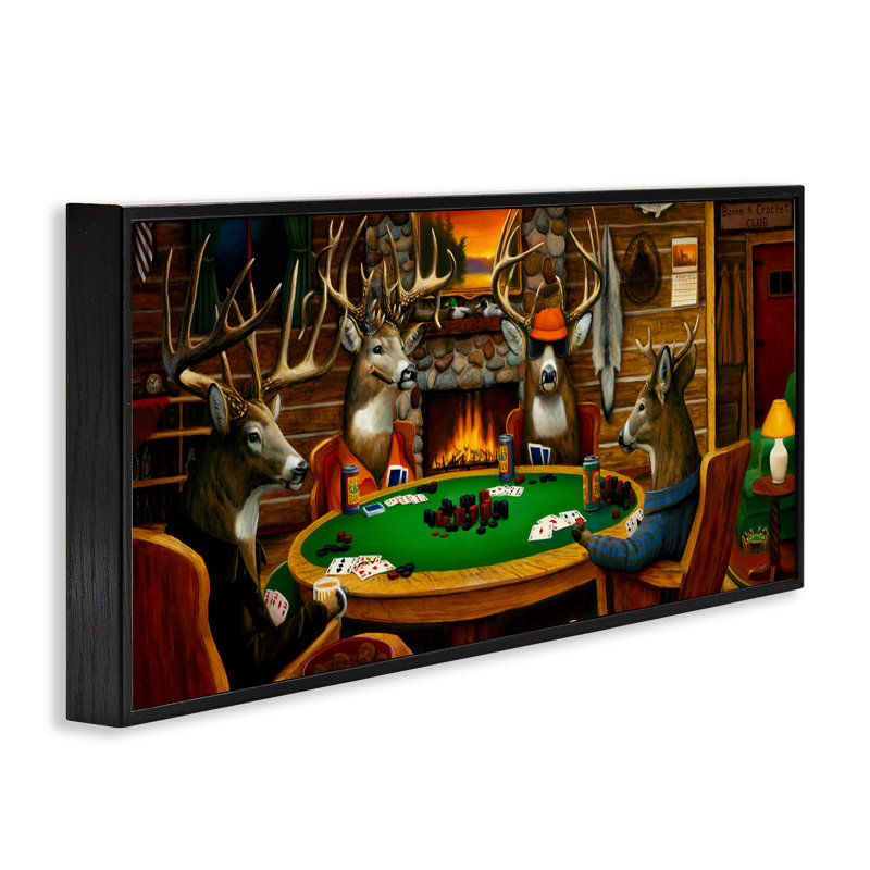 Animaux de cerf jouant au poker, chalet de table, Giclée encadrée noir minuit, L 24 po x H 10 po