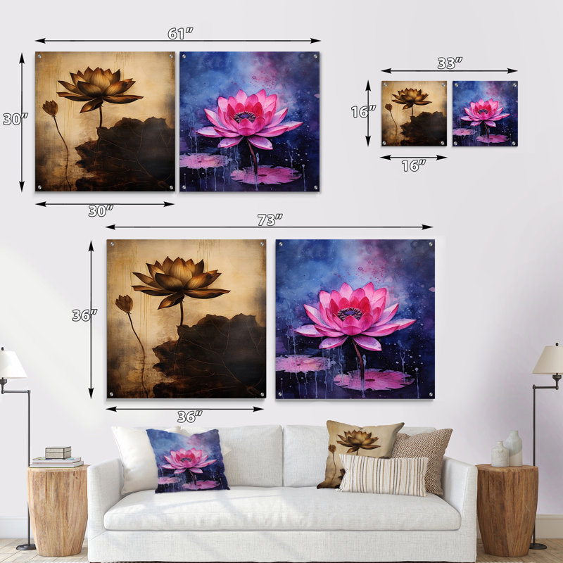 Rustic Lotus Serenity - lot de 2 impressions murales en acrylique sur verre Lotus, H 16 po x l 33 po