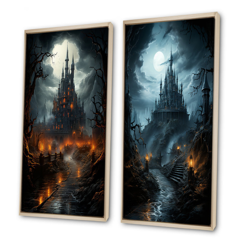 «Haunted Castle At Nightfall I», ensemble de 2 impressions sur châteaux, Encadrement brun, H 40 po x l 41 po