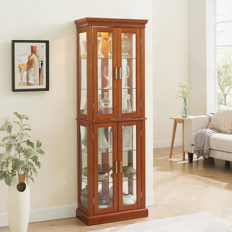 Cabinet Curio avec tablettes réglables et panneau arrière en miroir, Noyer