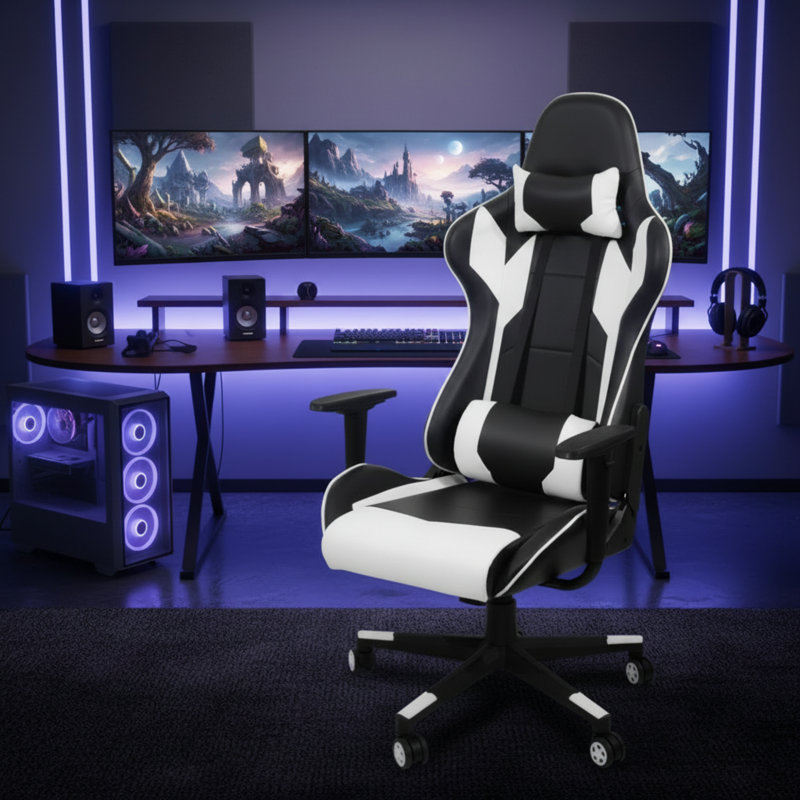 White High-Back Ergonomic Chair, Genuine Leather, With Headrest And Lumbar Support, Adjustable And Swivel, Suitable For Office/Gaming/Administrative Settings.