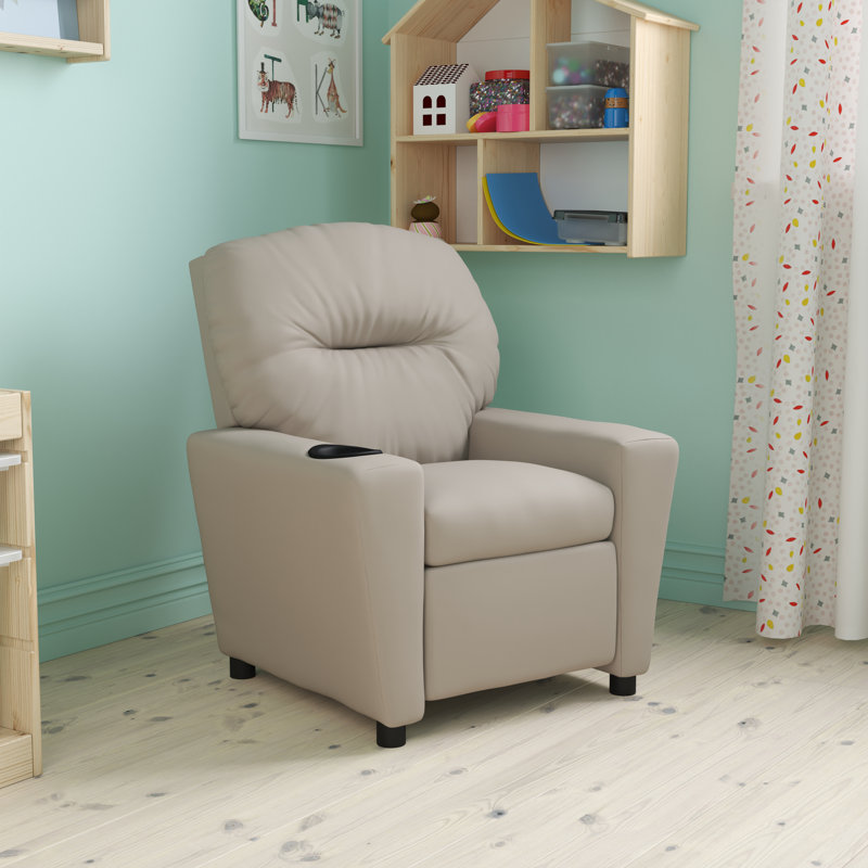 Contemporary Kids Recliner with Cup Holder, Vinyl - Beige