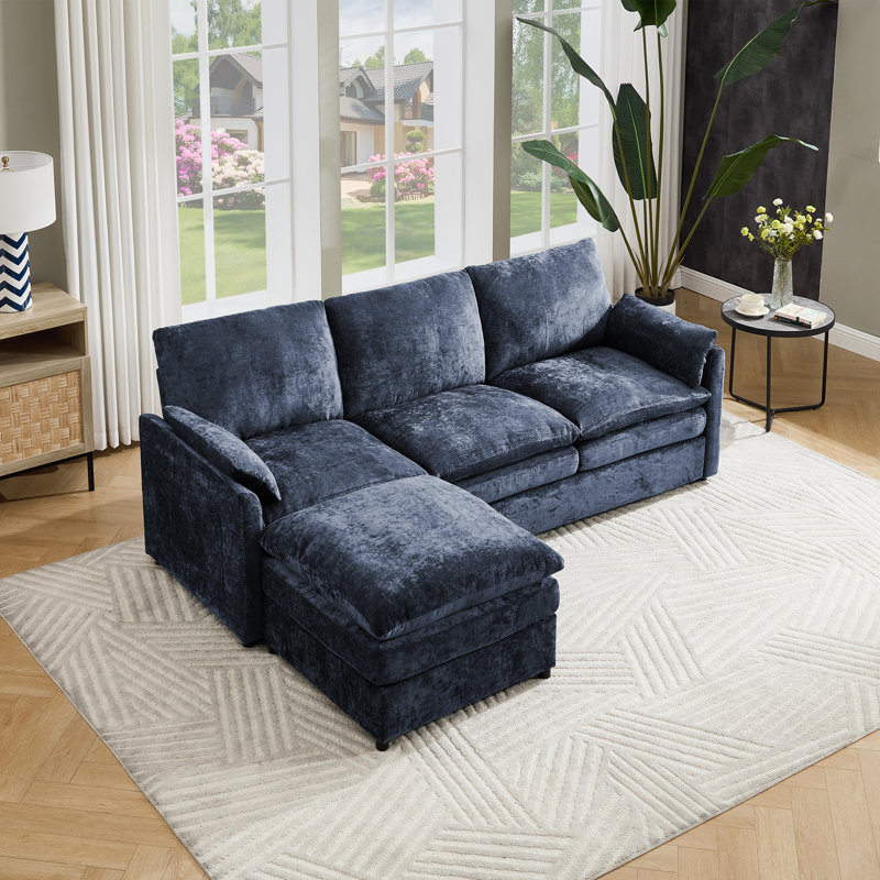 Ensemble de salon rembourré en forme de L 2 pièces avec repose-pieds Drago, Bleu
