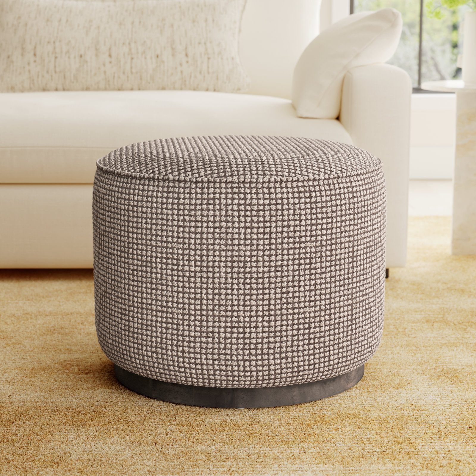 Acker 22" Wide Round Standard Ottoman, Barrow Taupe Polyester Blend