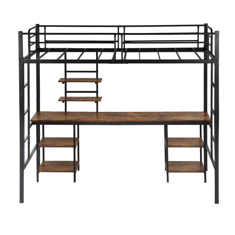 Zebedee Metal Loft Bed with Desk and Shelves, Space - Saving Multifunctional Bed Frame