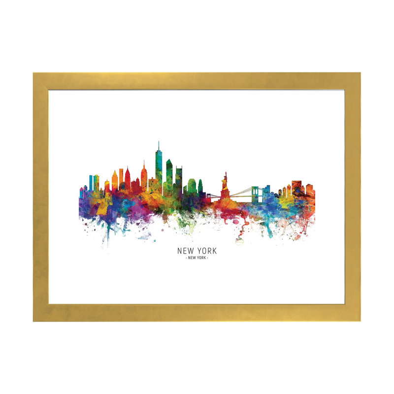 «New York Skyline» par Michael Tompsett - impression d'art graphique, H 16 po x l 24 po x P 1 po, Papier encadré doré, Blanc